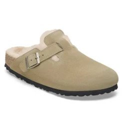 Birkenstock Boston Shearling Suede Leather Sandals in Taupe