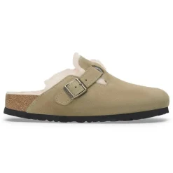 Birkenstock Boston Shearling Suede Leather Sandals in Taupe
