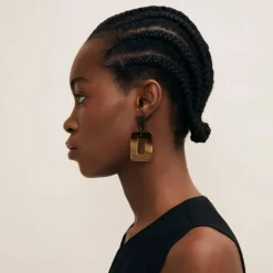 BRANCH JEWELLERY Large Rectangular Horn Earrings in Brown Natural