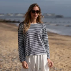 COLLEN & CLARE Easton Cotton Loose Stripe Knit in White/Navy