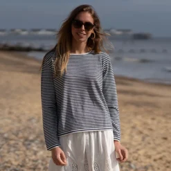 COLLEN & CLARE Easton Cotton Loose Stripe Knit in White/Navy