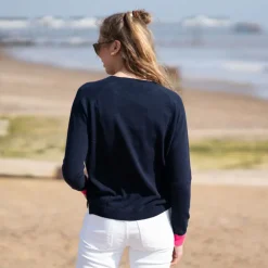 COLLEN & CLARE Polli Merino Cashmere Mix Contrast Cuff Knit in Navy/Fl
