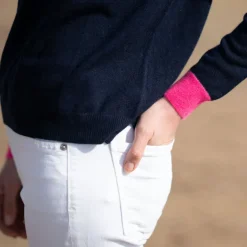 COLLEN & CLARE Polli Merino Cashmere Mix Contrast Cuff Knit in Navy/Fl