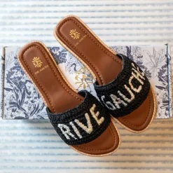 DE SIENA Rive Gauche Raffia Slides in Black/Off White