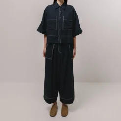 EMIN PAUL Contrast Stitch Blouse in Navy