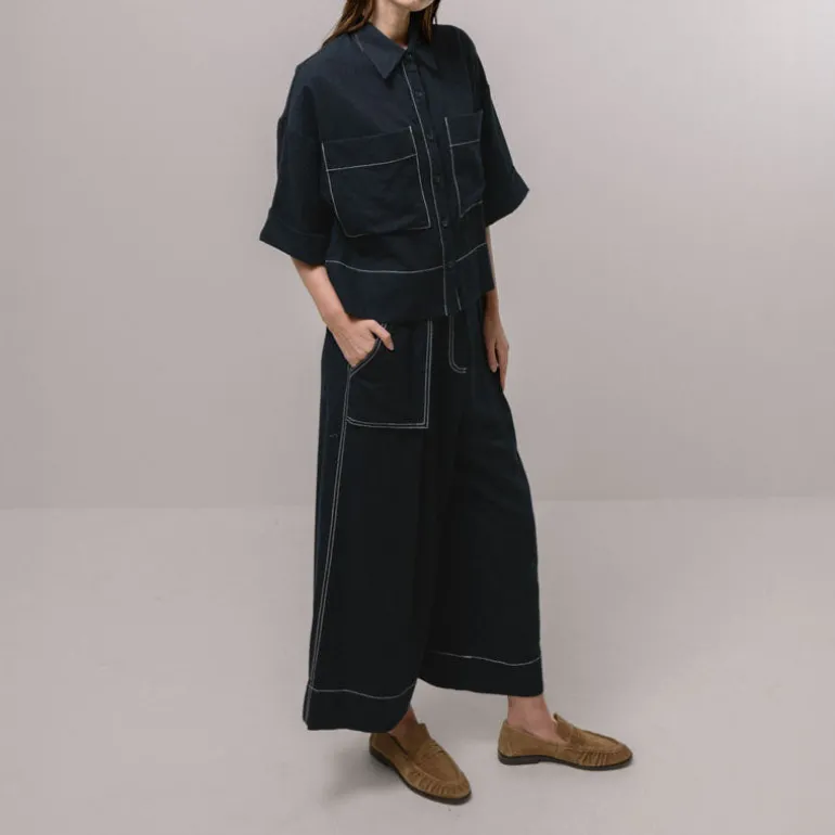 EMIN PAUL Contrast Stitch Blouse in Navy