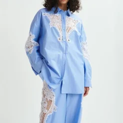 ESSENTIEL ANTWERP Hoofd Lace Panelled Shirt in Combo1 Aqua Blue