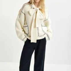 ESSENTIEL ANTWERP Hoops Cardigan with Bow in Sour Cream