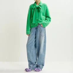 ESSENTIEL ANTWERP Hoops Cardigan with Bow in Pine Needle