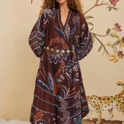 Farm Rio Delicate Garden Brown Midi Dress
