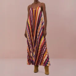 FARM RIO Diagonal Stripes Multicolour Pleated Midi Dress