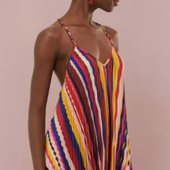 FARM RIO Diagonal Stripes Multicolour Pleated Midi Dress