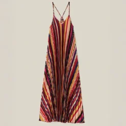 FARM RIO Diagonal Stripes Multicolour Pleated Midi Dress