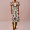 FARM RIO Romantic Lightness Cream Short Sleeve Midi Dress