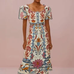 FARM RIO Romantic Lightness Cream Short Sleeve Midi Dress