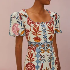 FARM RIO Romantic Lightness Cream Short Sleeve Midi Dress