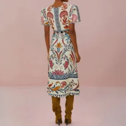 FARM RIO Romantic Lightness Cream Short Sleeve Midi Dress