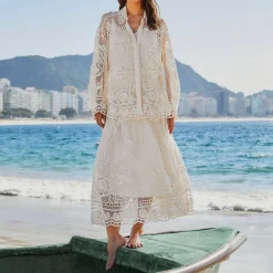 Farm Rio Swan Lake Guipure Off-White Midi Skirt