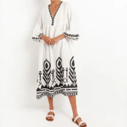 GREEK ARCHAIC KORI Feather Midi Dress in White/Black