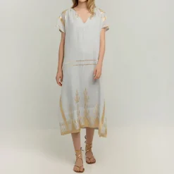 GREEK ARCHAIC KORI Roots Long Kaftan in Light Grey/Cham