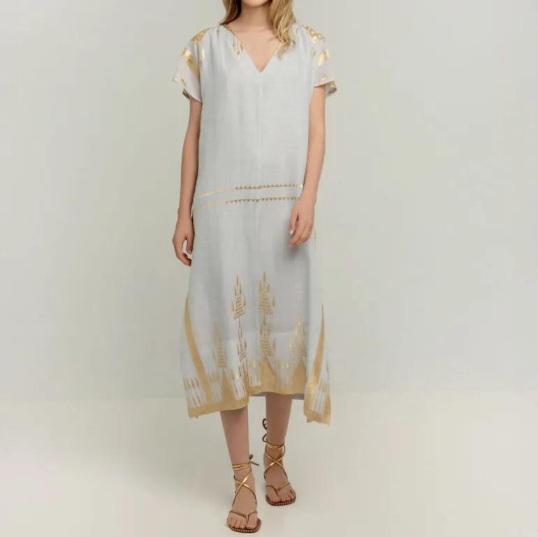 GREEK ARCHAIC KORI Roots Long Kaftan in Light Grey/Cham