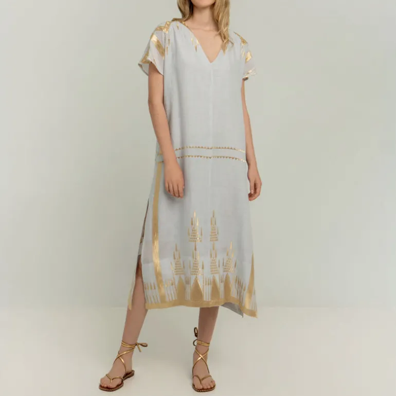 GREEK ARCHAIC KORI Roots Long Kaftan in Light Grey/Cham