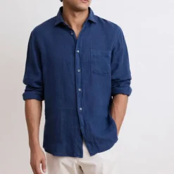 HARTFORD L/S Paul Linen Shirt in Deep Blue