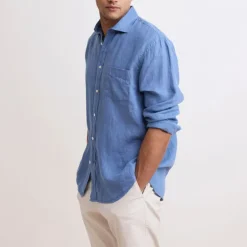 HARTFORD L/S Paul Linen Shirt in Nautic Blue