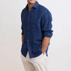 HARTFORD L/S Paul Linen Shirt in Deep Blue