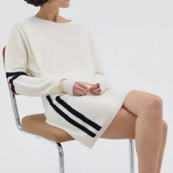 IRIS & WOOL Ruched Striped Rib Sweater in Cream