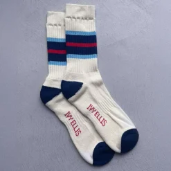 IVY ELLIS Mens Carlos Crew Length Socks in White/Blue/Red