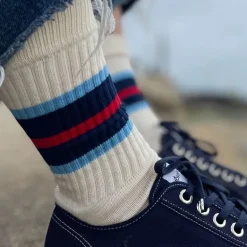 IVY ELLIS Mens Carlos Crew Length Socks in White/Blue/Red