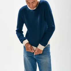 JUMPER1234 Contrast Crew Round Neck Jumper in Dune Navy