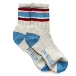 Ladies Moon Vintage Cotton Sport Socks in Ecru/Pale Blue/Red | Collen and Clare