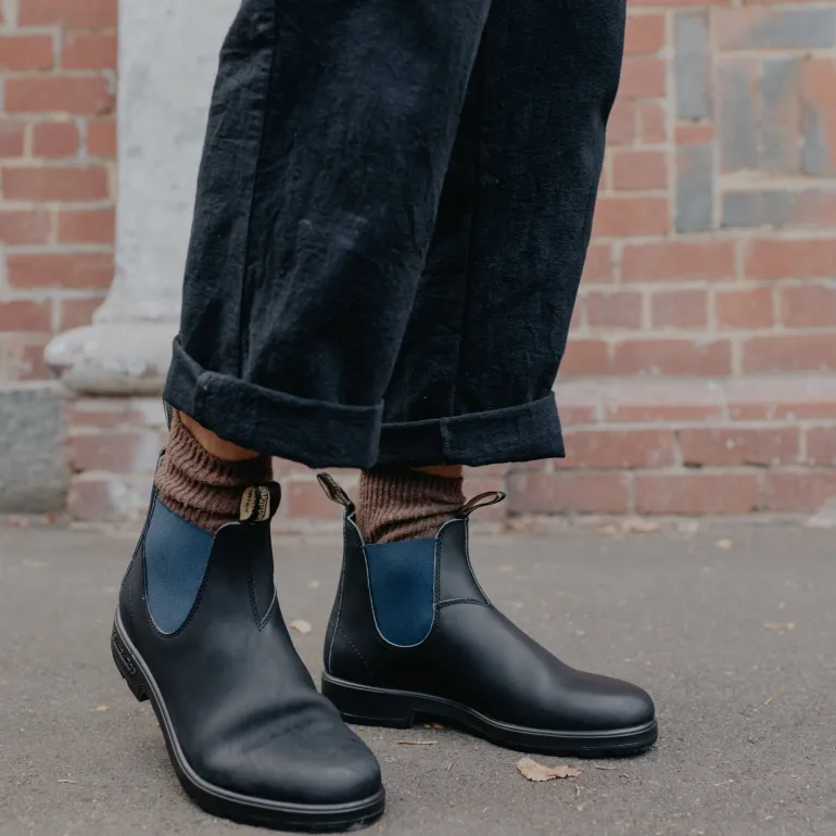 1917 Leather Boots with Blue Elastic in Voltan Black | Collen & Clare
