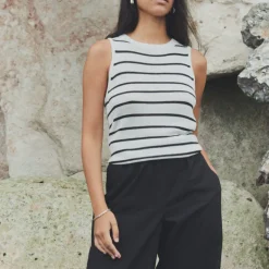 LEVETE ROOM Gaba 2 Stripe Vest Top in Star White Combo