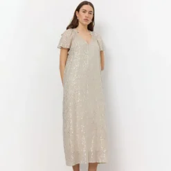 LEVETE ROOM Galaxy 1 V Neck Maxi Dress in Island Fossil Combo