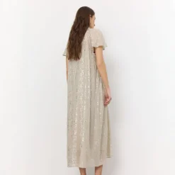 LEVETE ROOM Galaxy 1 V Neck Maxi Dress in Island Fossil Combo
