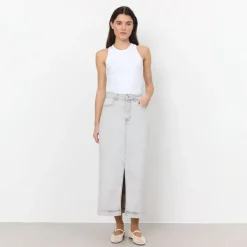 LEVETE ROOM Gill 1 Denim Maxi Skirt in Icy Grey