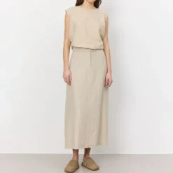 LEVETE ROOM Naja 22 Linen Mix Skirt in Island Fossil Melange