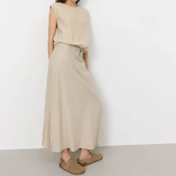 LEVETE ROOM Naja 28 Linen Mix Top in Island Fossil Melange