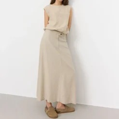 LEVETE ROOM Naja 28 Linen Mix Top in Island Fossil Melange