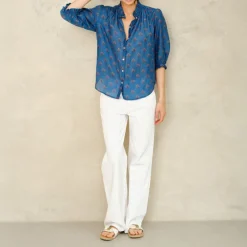 M.A.B.E Lindi Print Long Sleeve Top in Blue