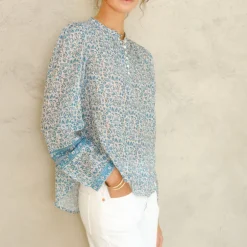 M.A.B.E Nola Print Long Sleeve Top in Blue