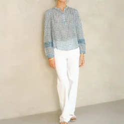 M.A.B.E Nola Print Long Sleeve Top in Blue