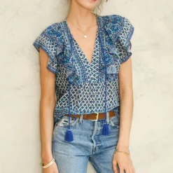 M.A.B.E Viti Print Frill Top in Blue