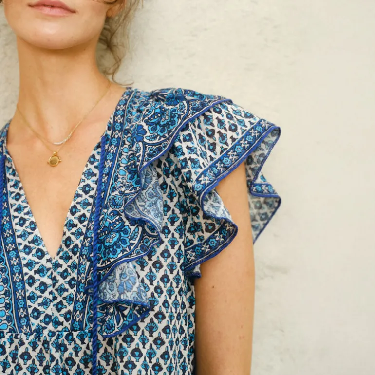 M.A.B.E Viti Print Frill Top in Blue