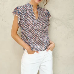 M.A.B.E Viti Print Short Sleeve Top in Orange/Turquoise