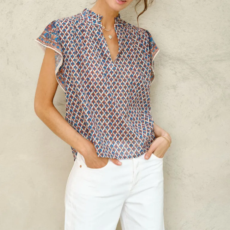 M.A.B.E Viti Print Short Sleeve Top in Orange/Turquoise