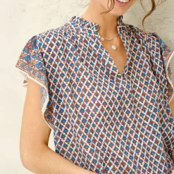 M.A.B.E Viti Print Short Sleeve Top in Orange/Turquoise